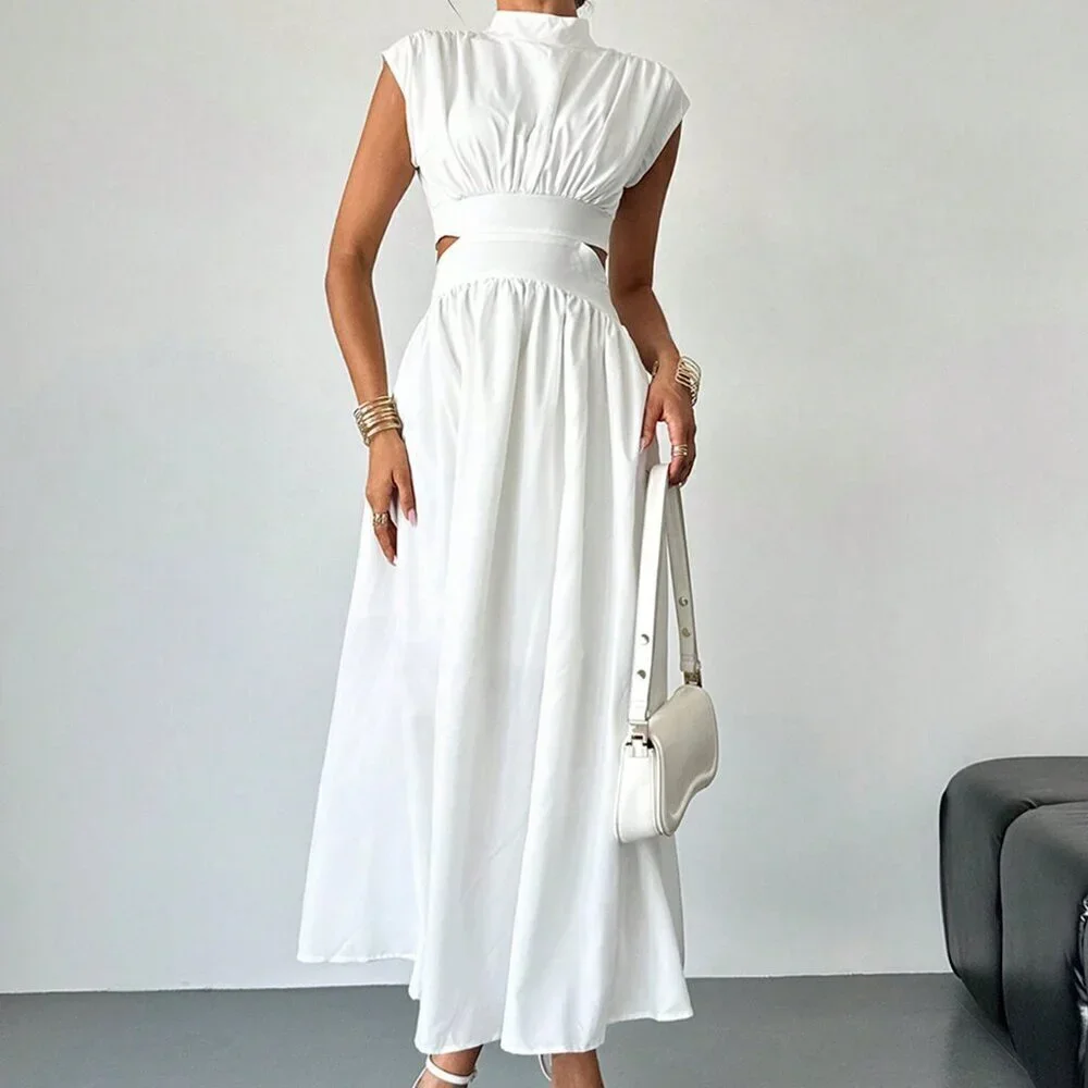 White Elegant Women's Hollow Pocket Cinched Waist Casual Midi Dress - Picture 6 of 7